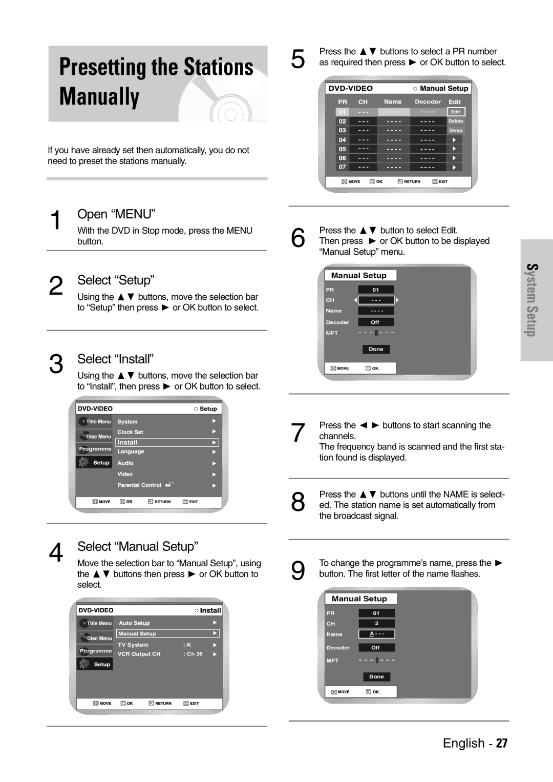 Samsung DVD-VR300E/EUR manual Manually, Select Manual Setup 