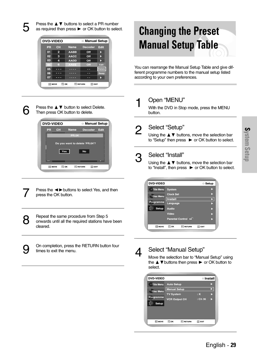 Samsung DVD-VR300E/EUR manual Changing the Preset Manual Setup Table, Press the ❷ buttons to select a PR number 