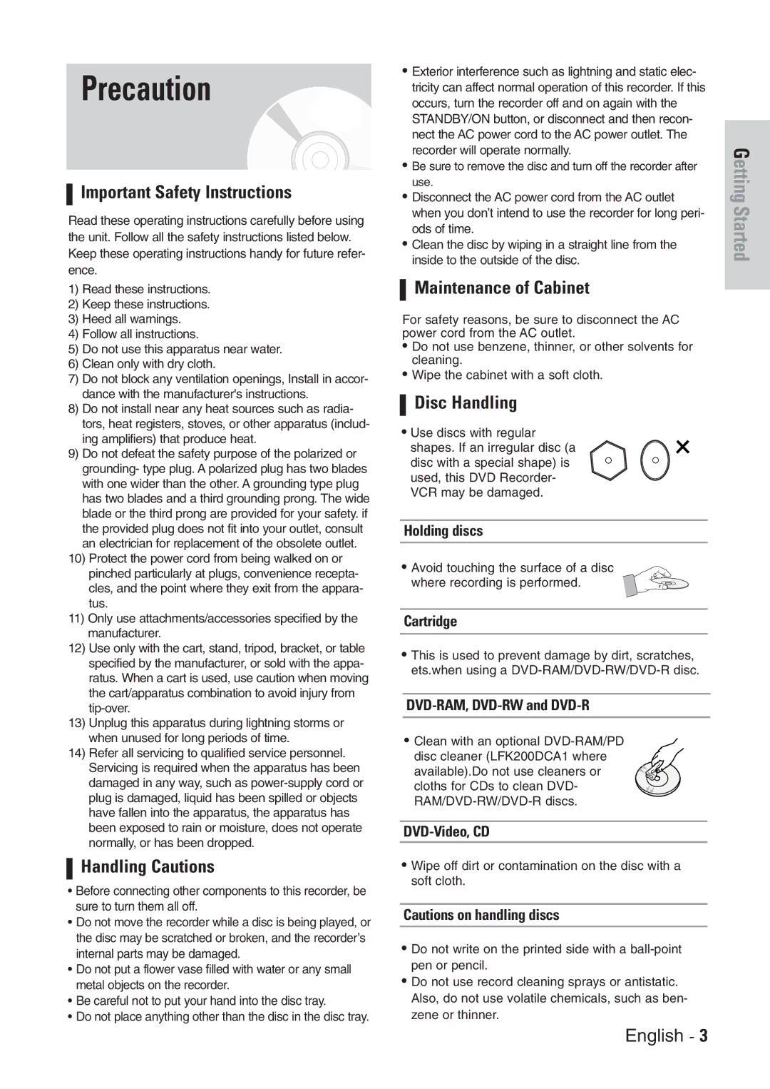 Samsung DVD-VR300E/EUR Precaution, Important Safety Instructions, Handling Cautions, Maintenance of Cabinet, Disc Handling 