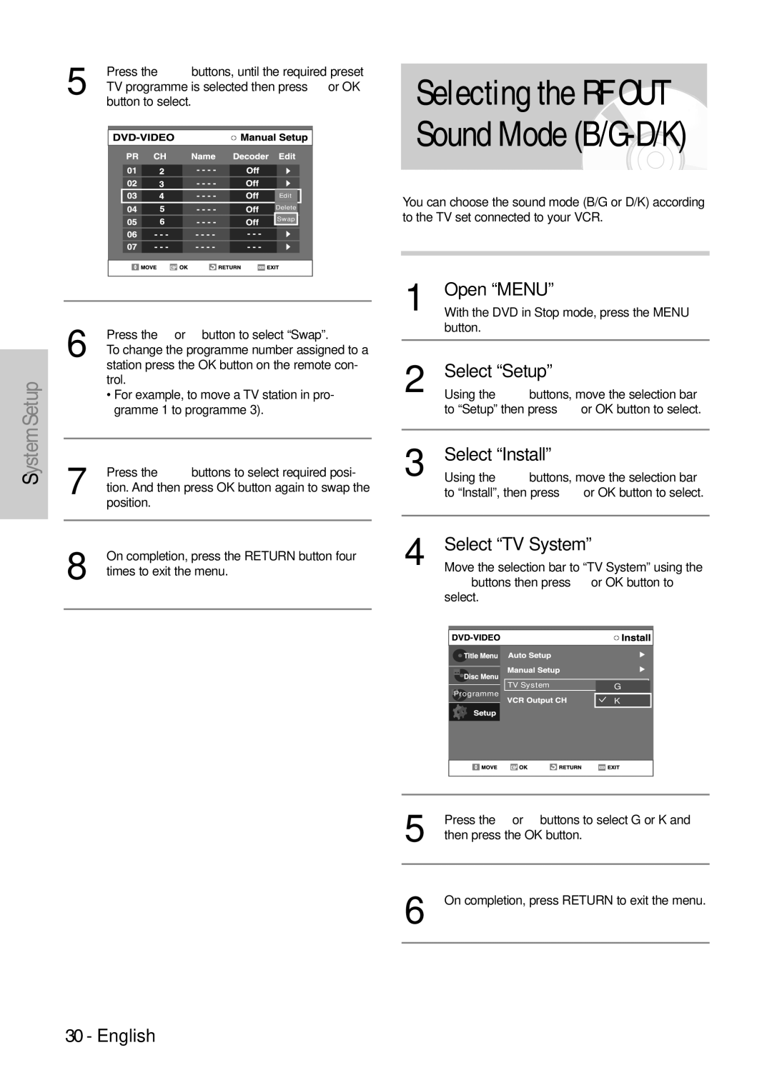 Samsung DVD-VR300E/EUR manual Selecting the RF OUT Sound Mode B/G-D/K, Select TV System 