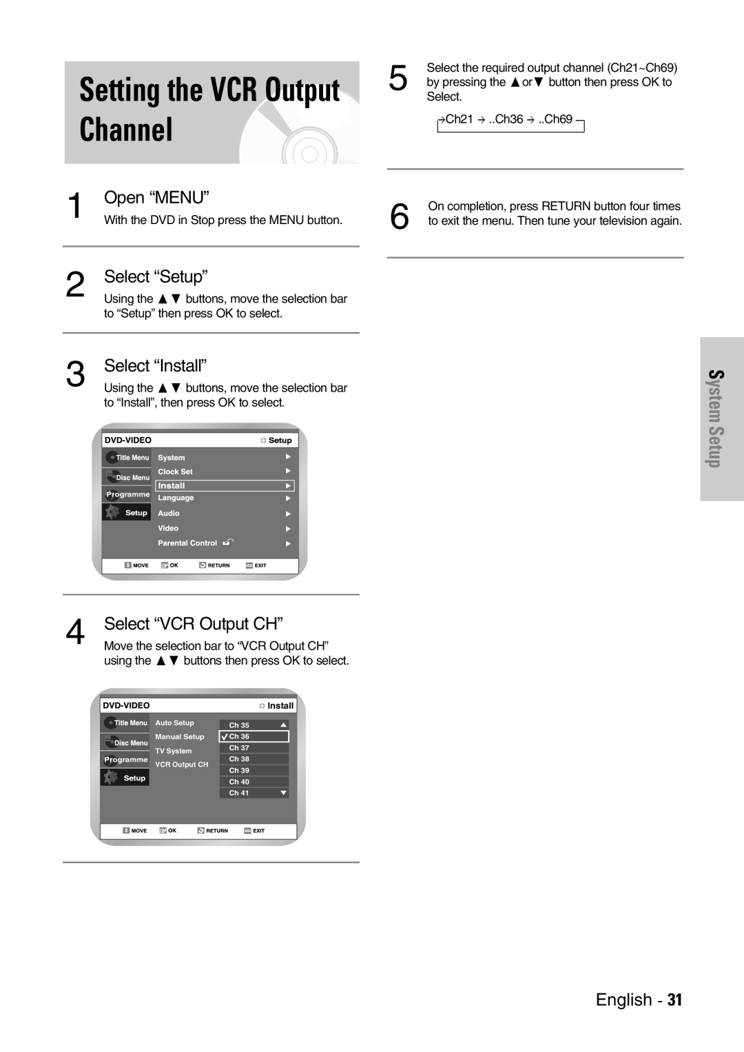 Samsung DVD-VR300E/EUR manual Setting the VCR Output Channel, Select VCR Output CH 