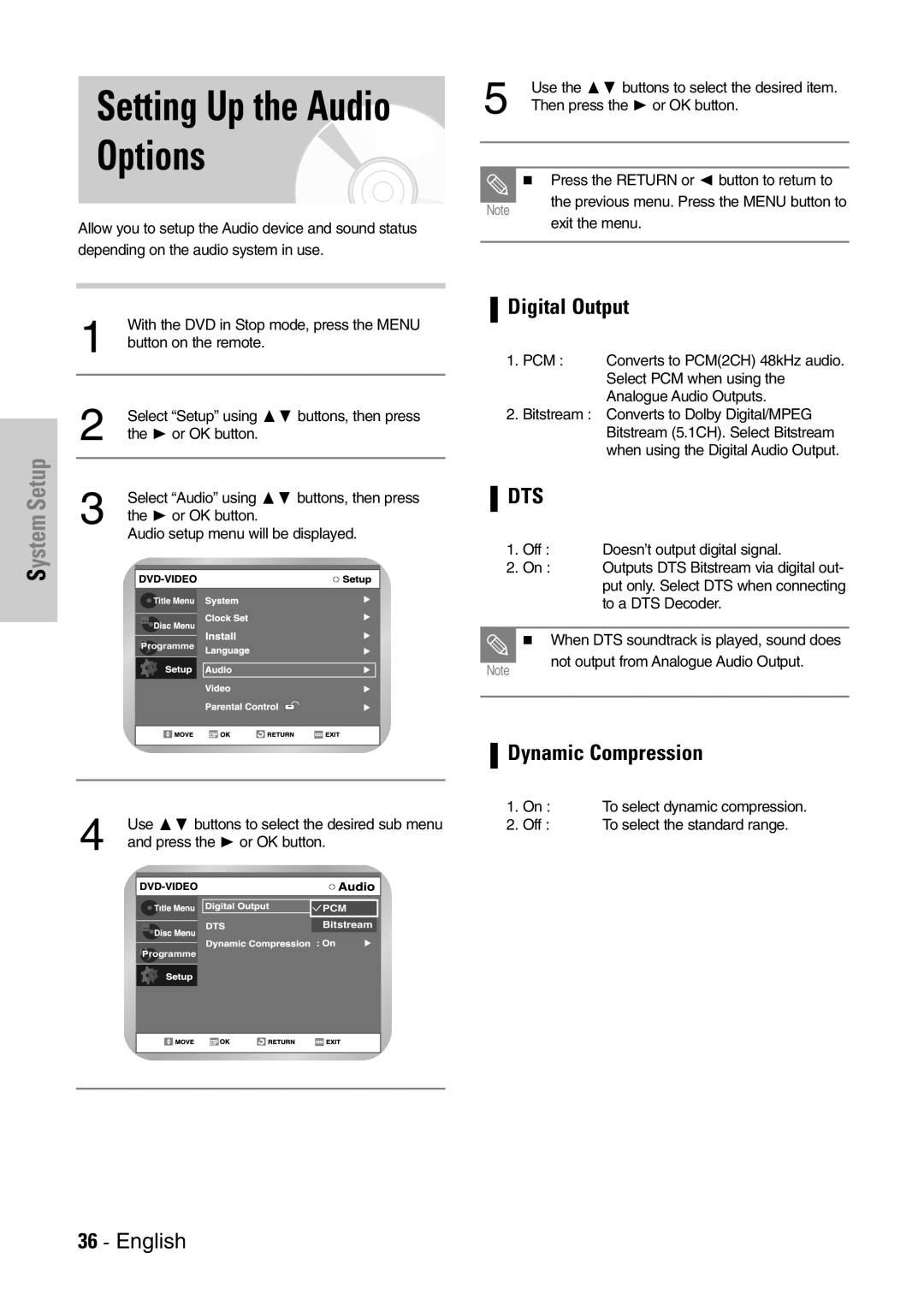 Samsung DVD-VR300E/EUR manual Options, Digital Output, Dynamic Compression 