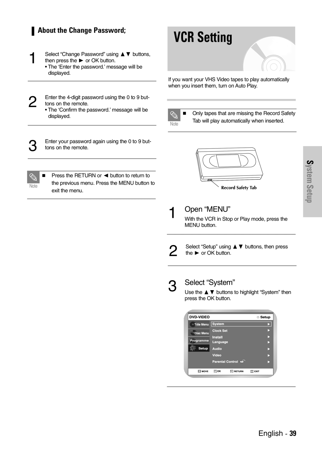 Samsung DVD-VR300E/EUR manual VCR Setting, About the Change Password, Select System 