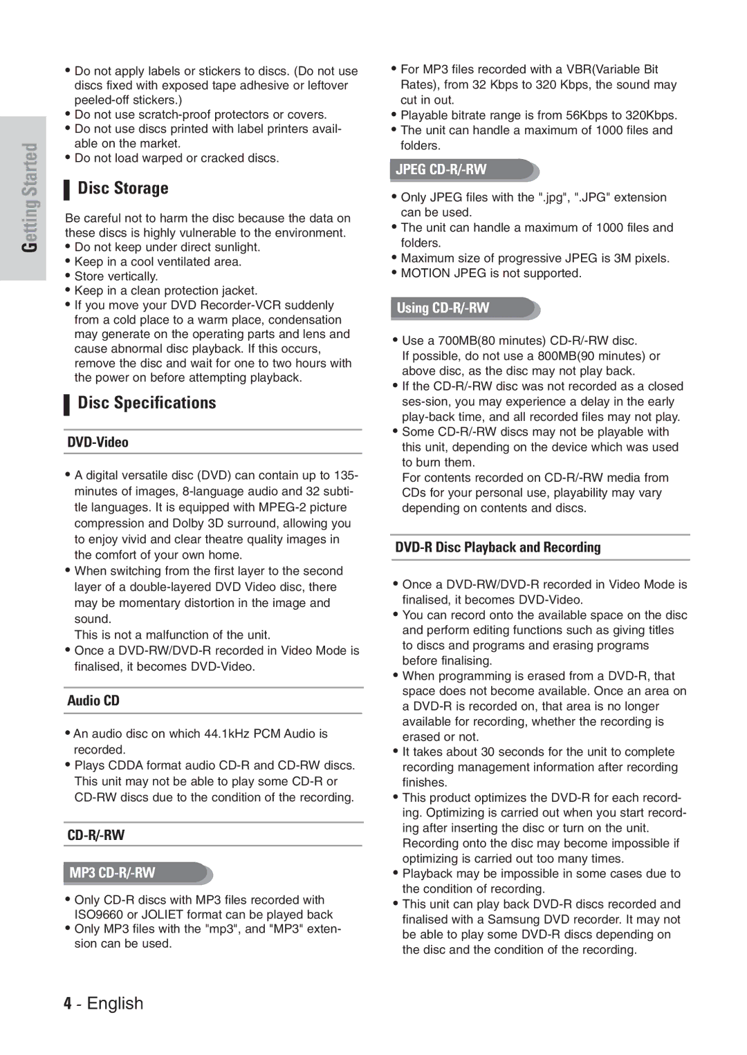 Samsung DVD-VR300E/EUR manual Disc Storage, Disc Specifications 