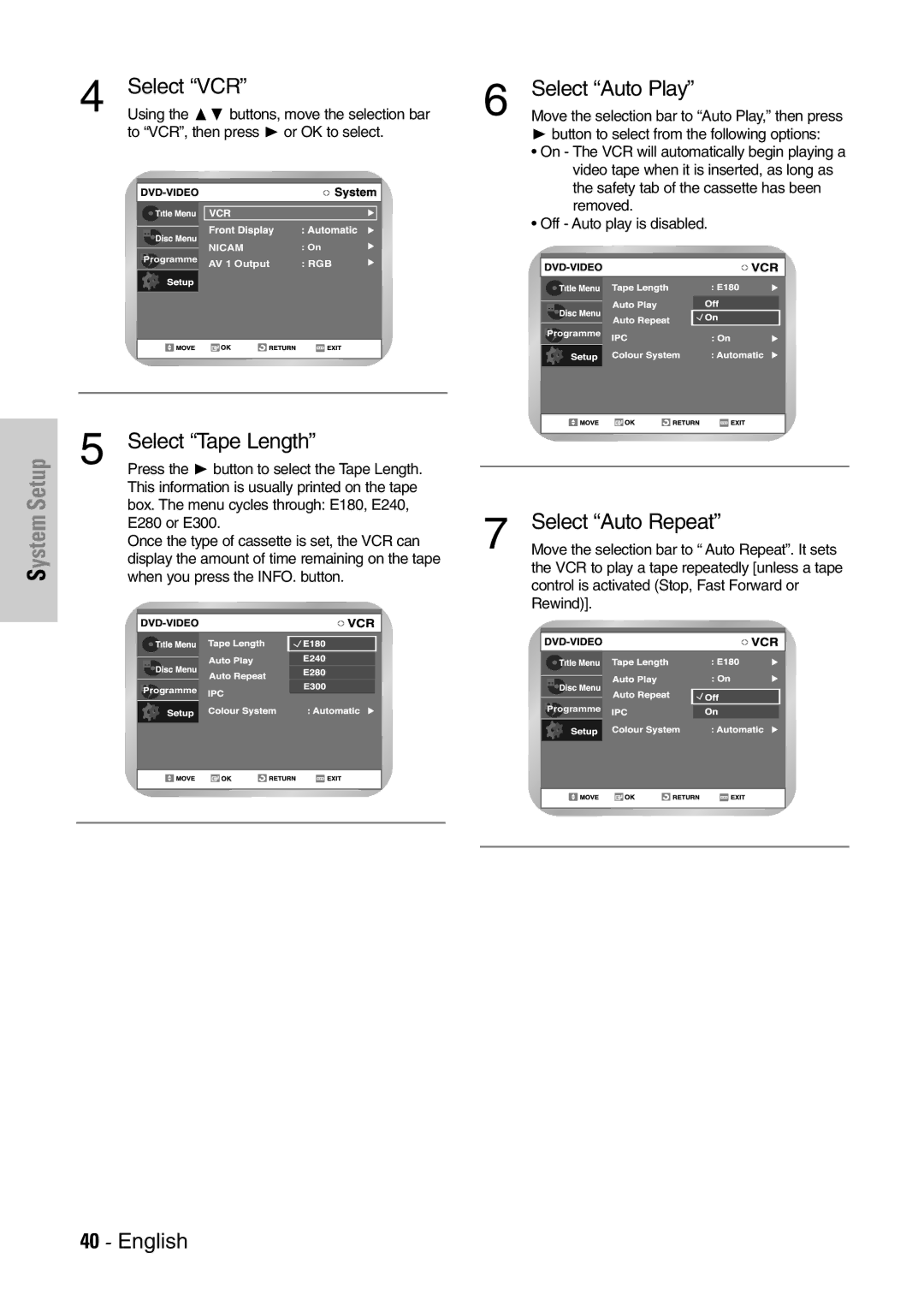 Samsung DVD-VR300E/EUR manual Select VCR Select Auto Play, Select Tape Length, Select Auto Repeat 