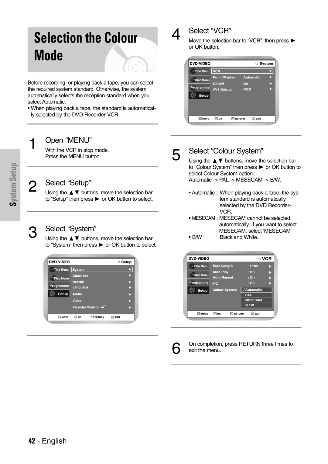 Samsung DVD-VR300E/EUR manual Selection the Colour Mode, Select Colour System 