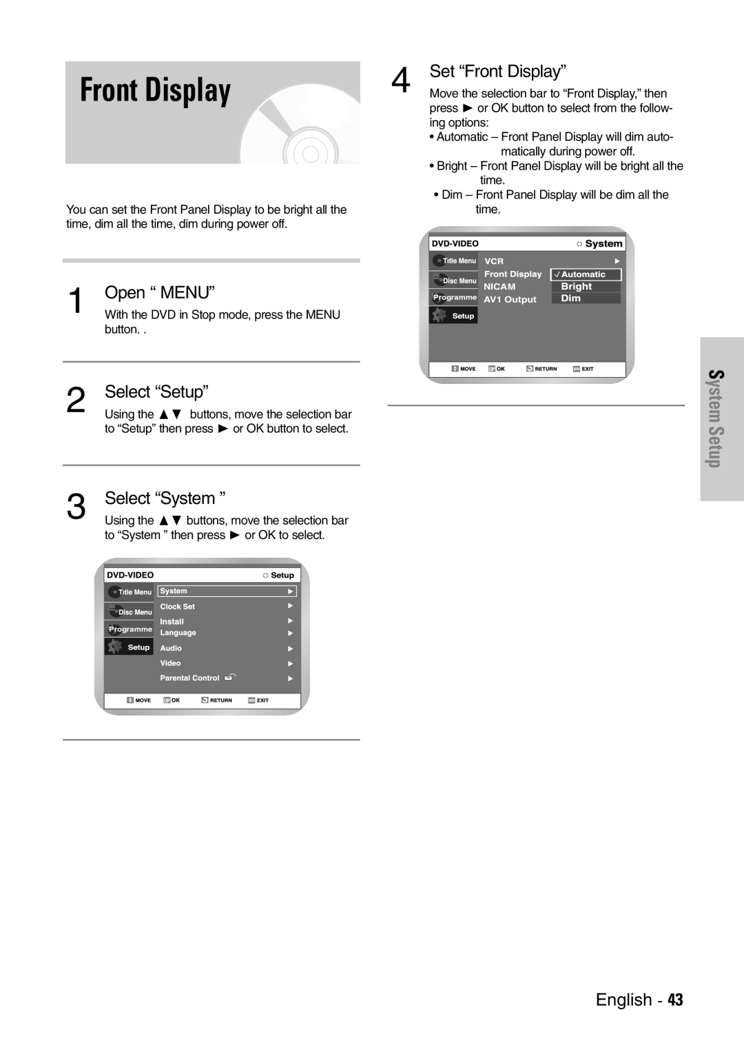 Samsung DVD-VR300E/EUR manual Set Front Display 