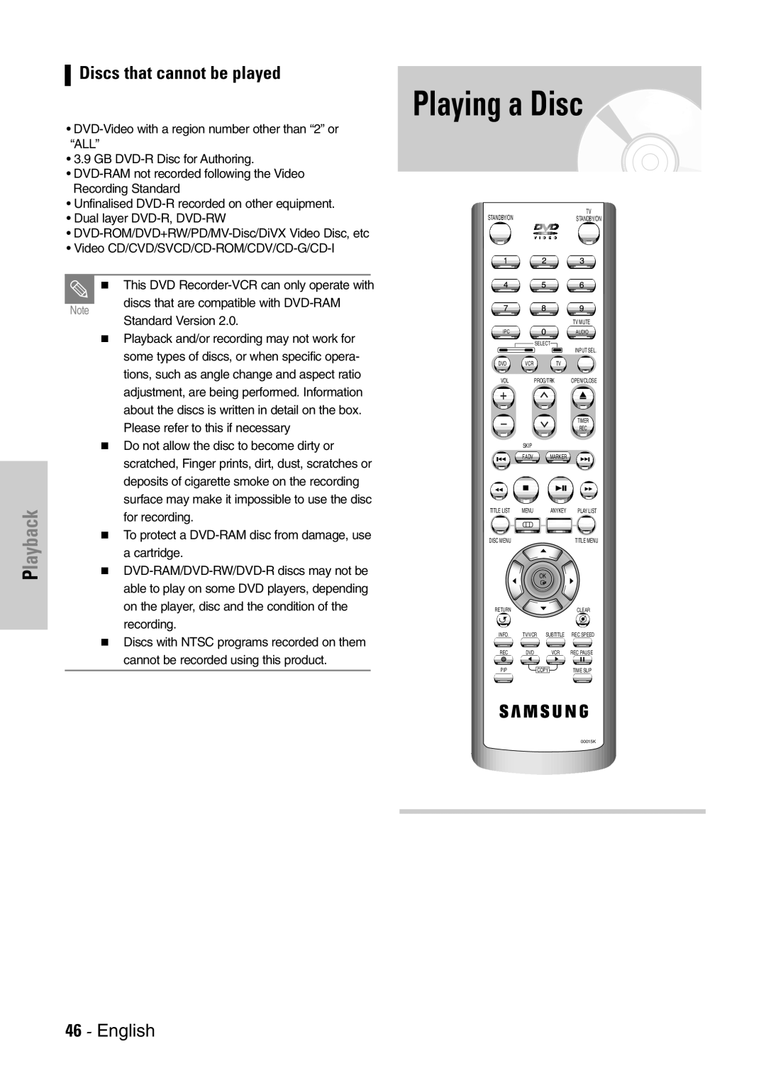 Samsung DVD-VR300E/EUR manual Playing a Disc, Discs that cannot be played 