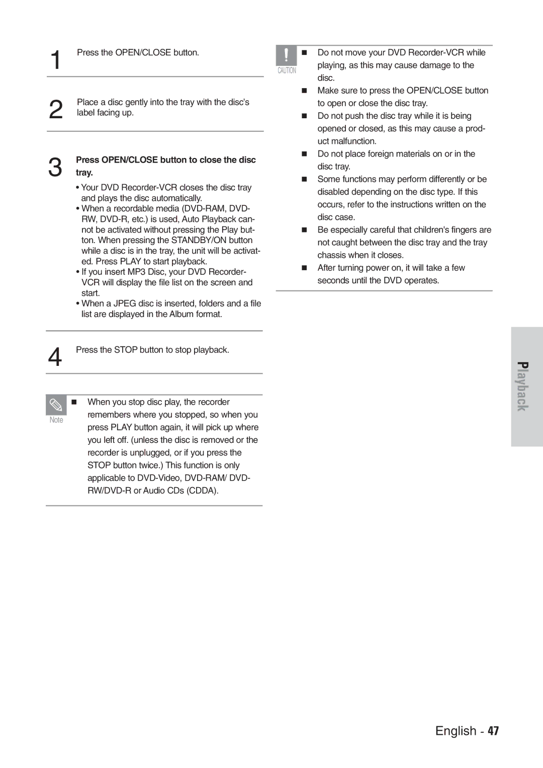 Samsung DVD-VR300E/EUR manual Press OPEN/CLOSE button to close the disc, Tray 