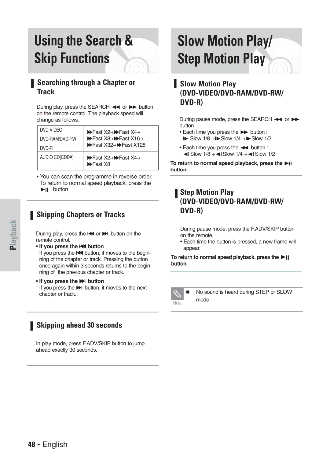 Samsung DVD-VR300E/EUR Slow Motion Play Step Motion Play, Searching through a Chapter or Track, Skipping ahead 30 seconds 