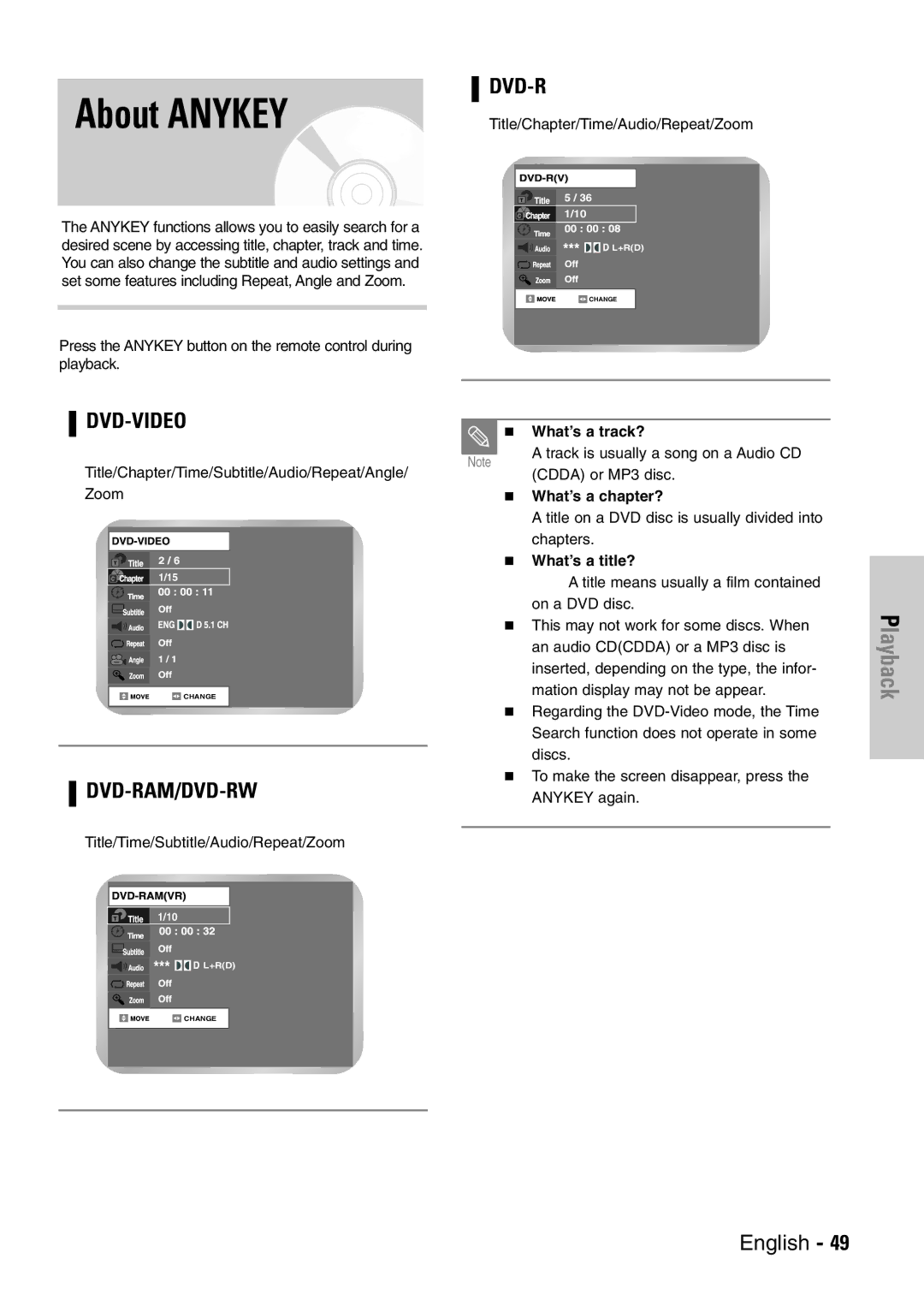 Samsung DVD-VR300E/EUR manual About Anykey, What’s a track?, What’s a chapter?, What’s a title? 