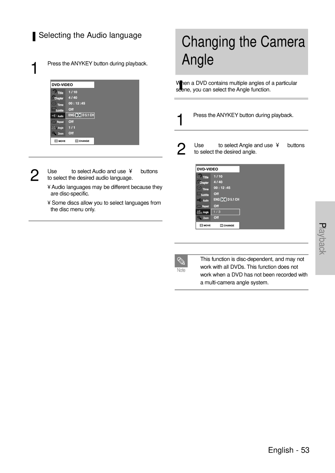 Samsung DVD-VR300E/EUR manual Changing the Camera Angle, Selecting the Audio language 