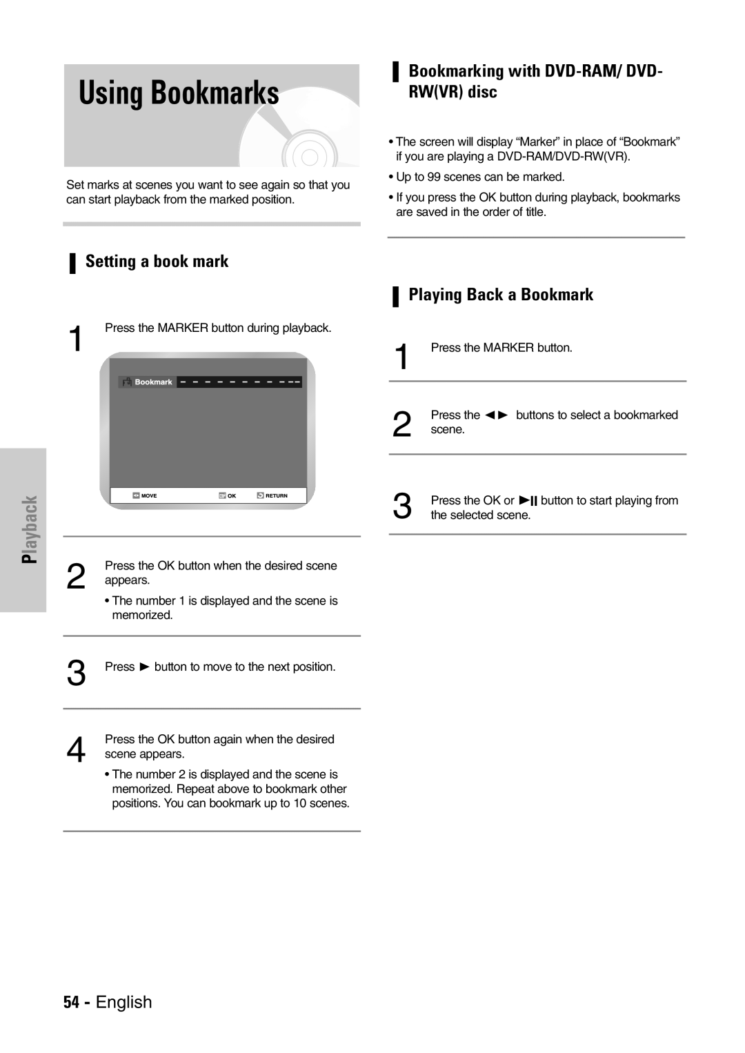 Samsung DVD-VR300E/EUR manual Using Bookmarks, Bookmarking with DVD-RAM/ DVD- Rwvr disc, Setting a book mark 