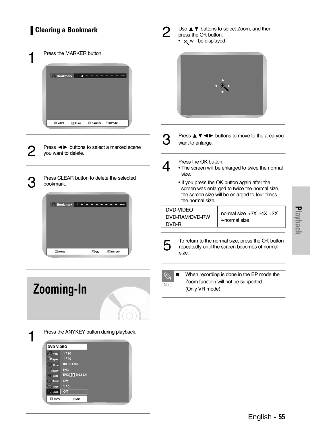 Samsung DVD-VR300E/EUR manual Zooming-In, Clearing a Bookmark 