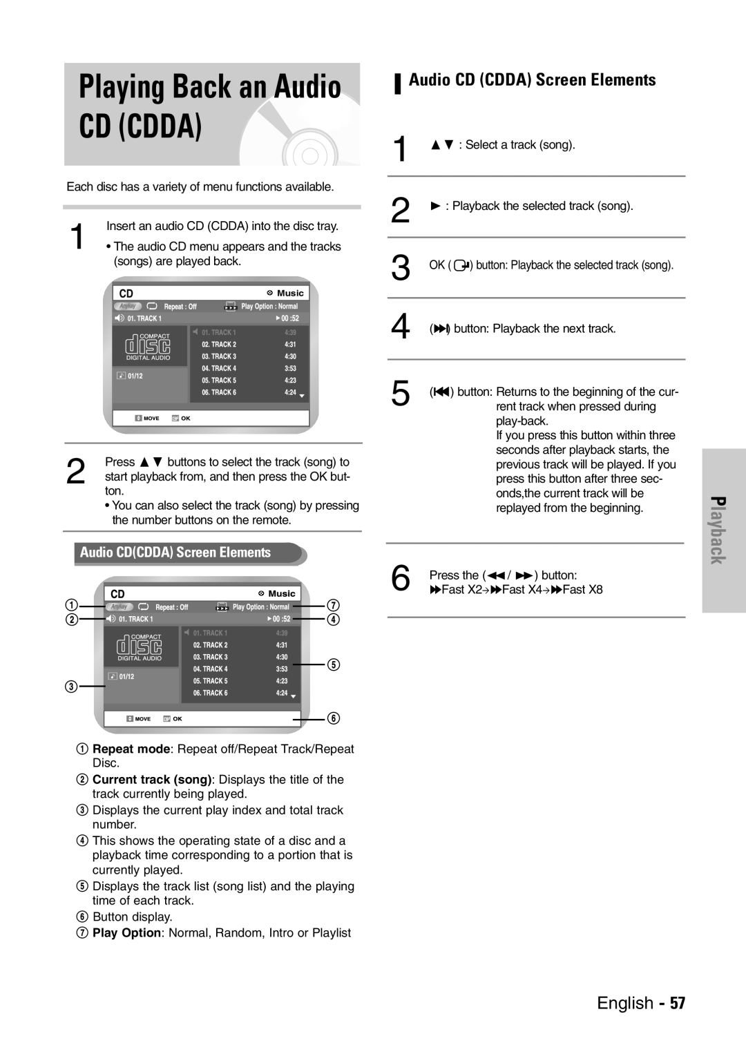 Samsung DVD-VR300E/EUR manual Playing Back an Audio CD Cdda, Audio CD Cdda Screen Elements 