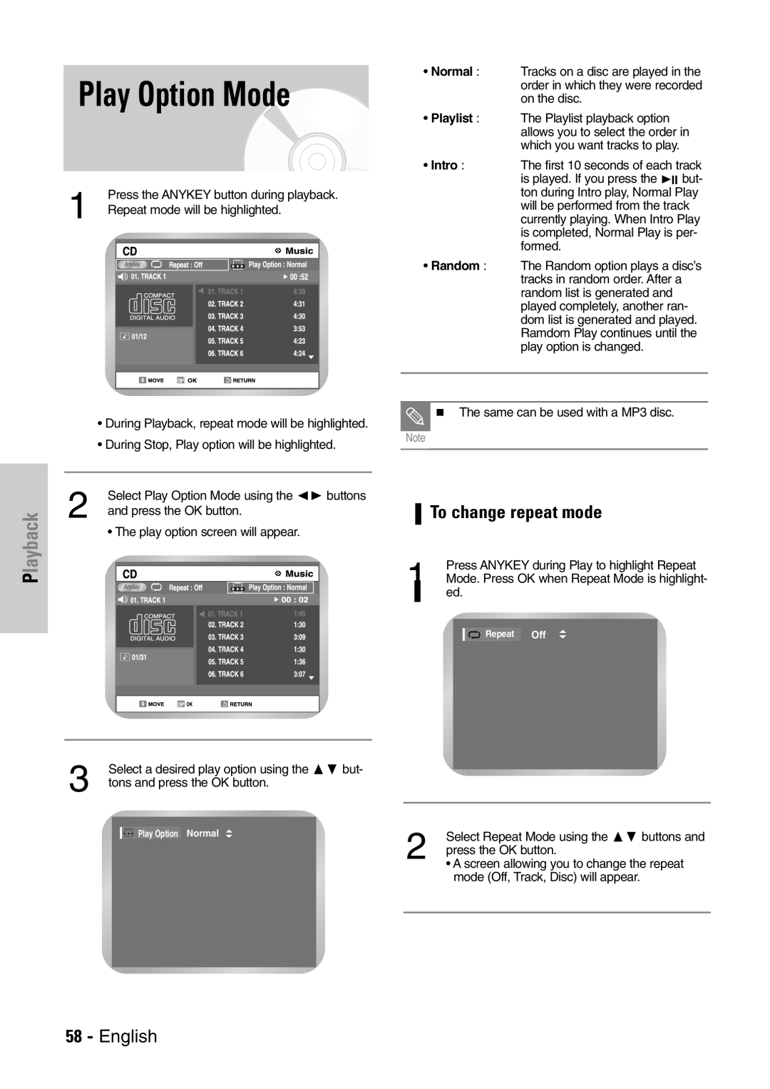 Samsung DVD-VR300E/EUR manual Play Option Mode, To change repeat mode 