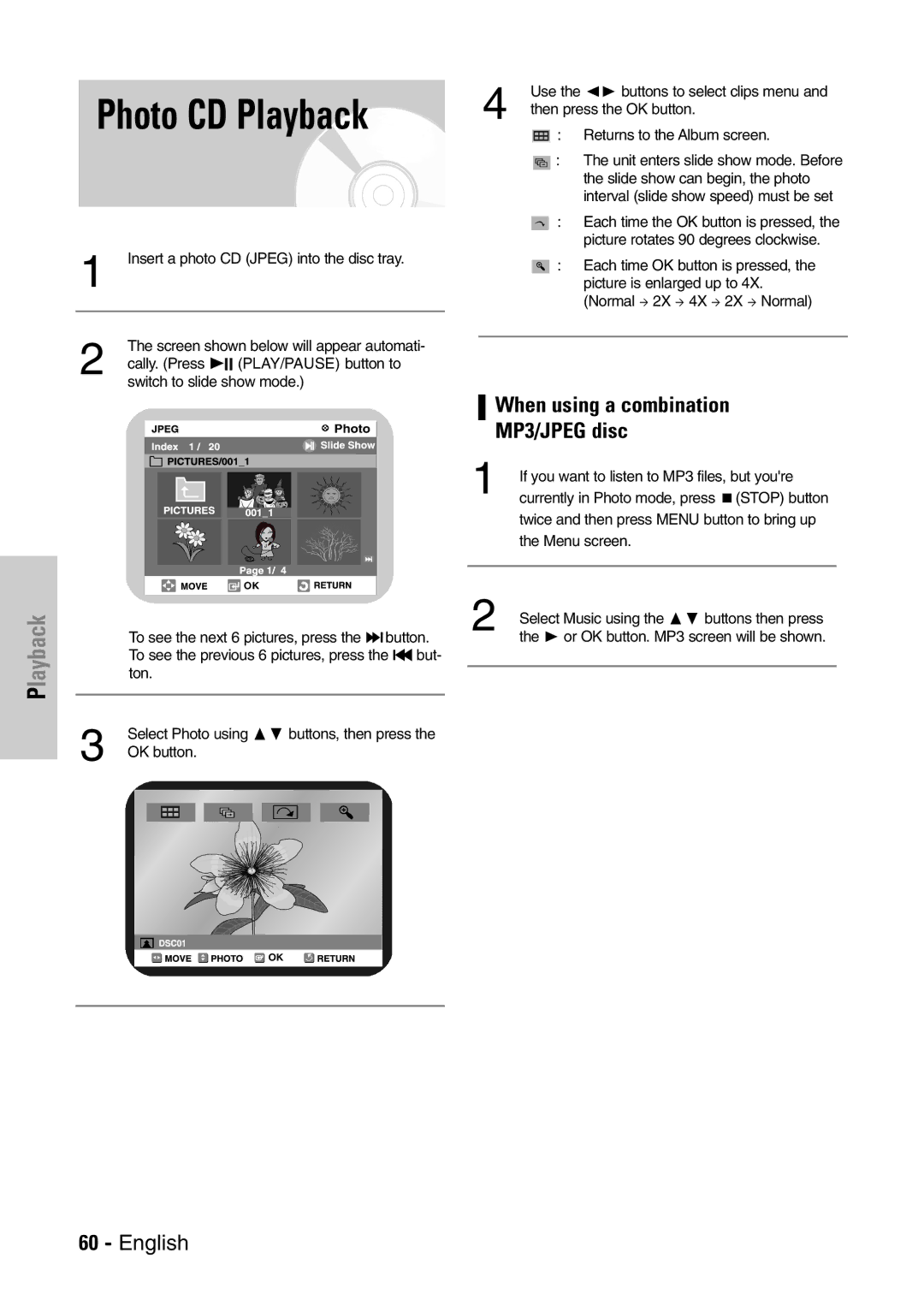 Samsung DVD-VR300E/EUR manual Photo CD Playback, When using a combination MP3/JPEG disc 