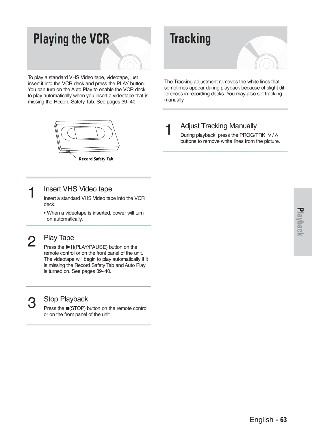 Samsung DVD-VR300E/EUR Playing the VCR Tracking, Adjust Tracking Manually, Insert VHS Video tape, Play Tape, Stop Playback 