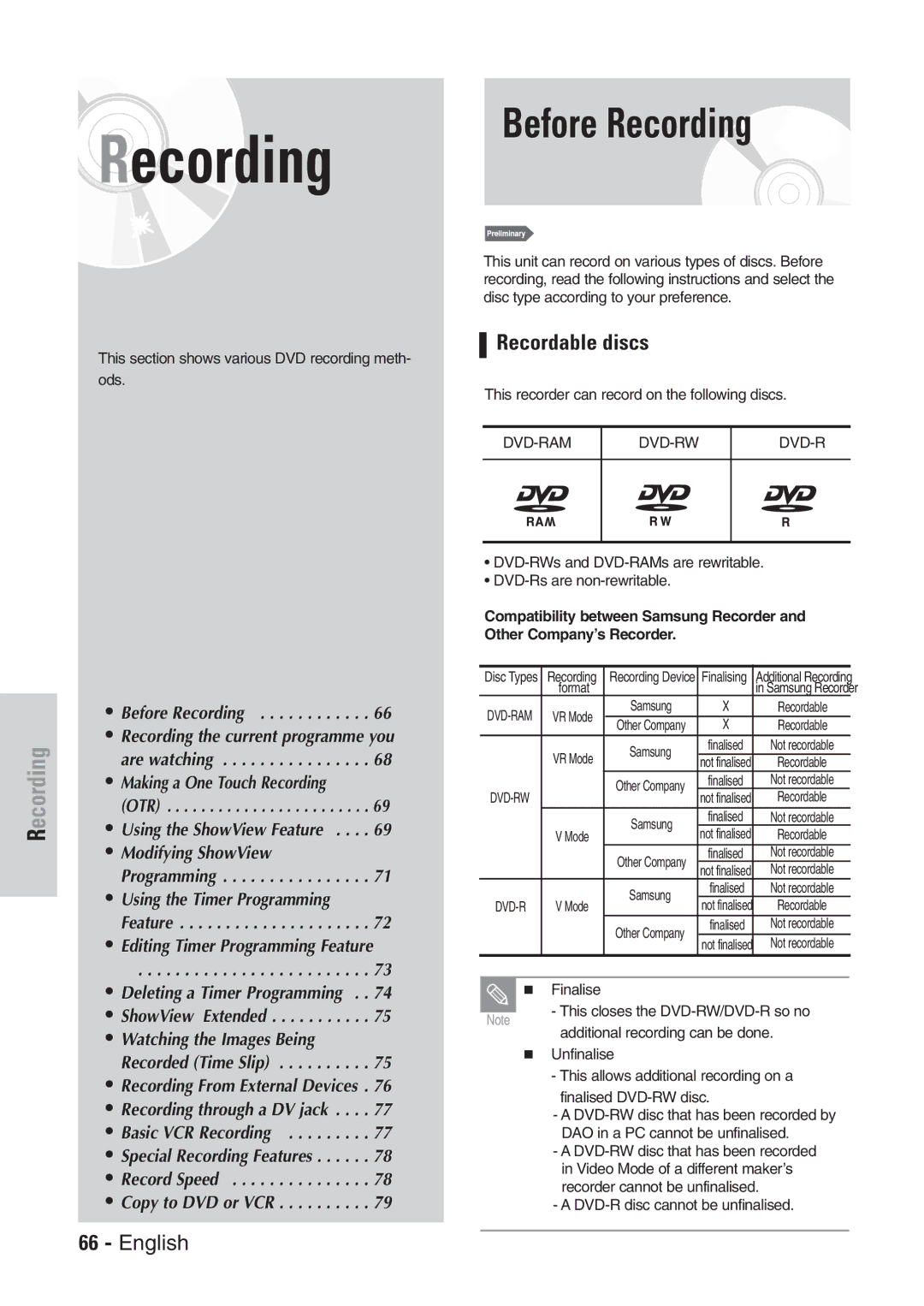 Samsung DVD-VR300E/EUR manual Before Recording, Recordable discs 