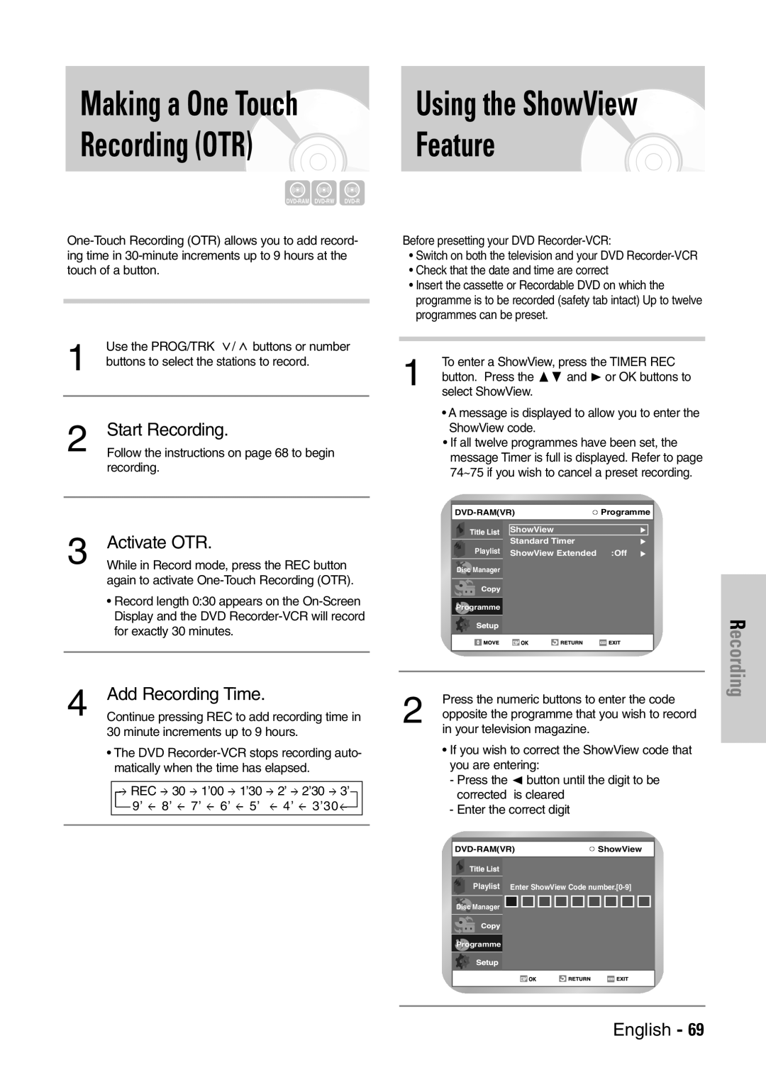 Samsung DVD-VR300E/EUR manual Recording OTR, Using the ShowView Feature, Start Recording, Activate OTR, Add Recording Time 