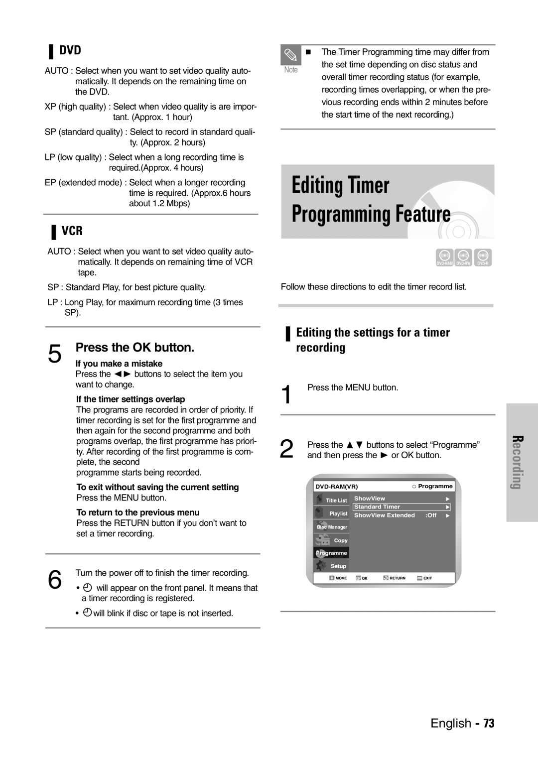 Samsung DVD-VR300E/EUR manual Editing Timer, Editing the settings for a timer recording 