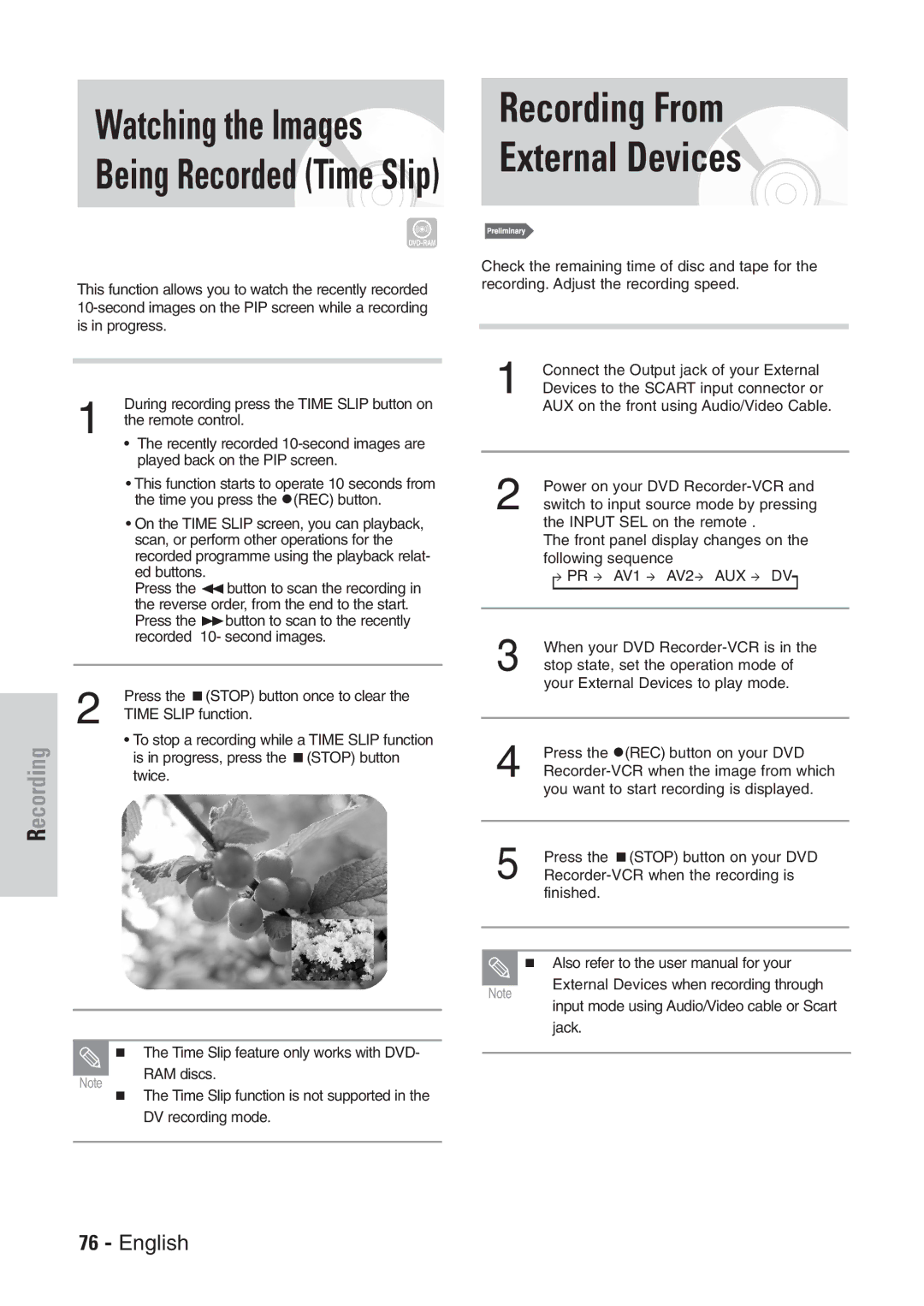 Samsung DVD-VR300E/EUR manual Recording From External Devices, Watching the Images Being Recorded Time Slip 