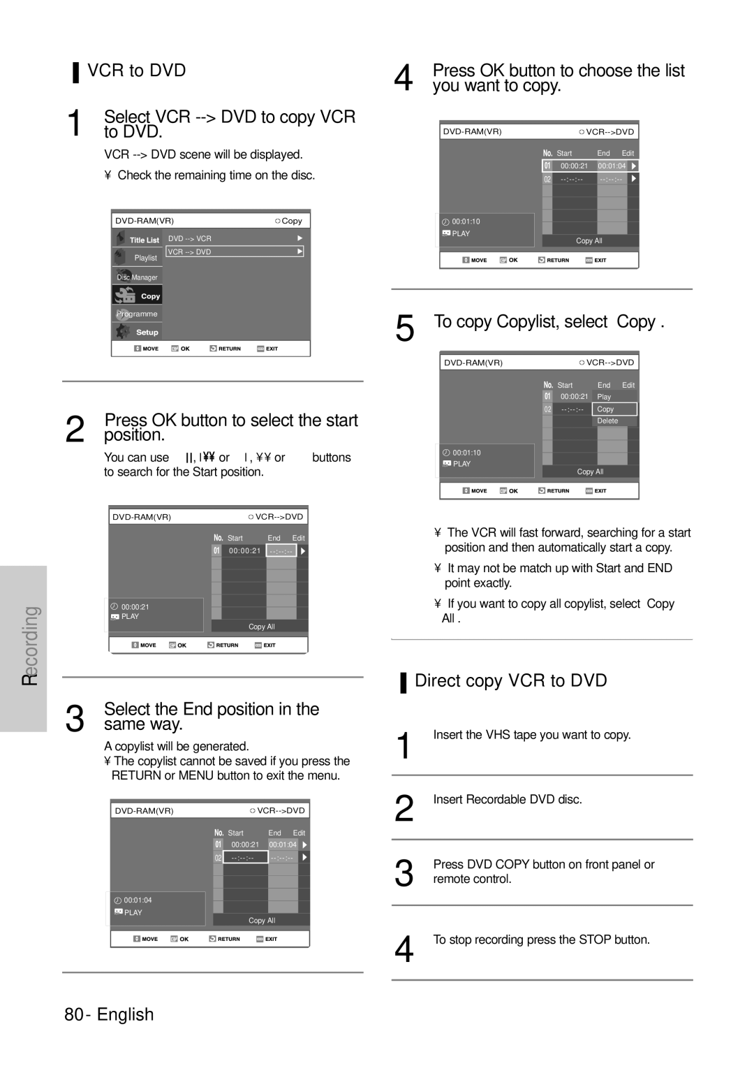 Samsung DVD-VR300E/EUR manual Direct copy VCR to DVD 