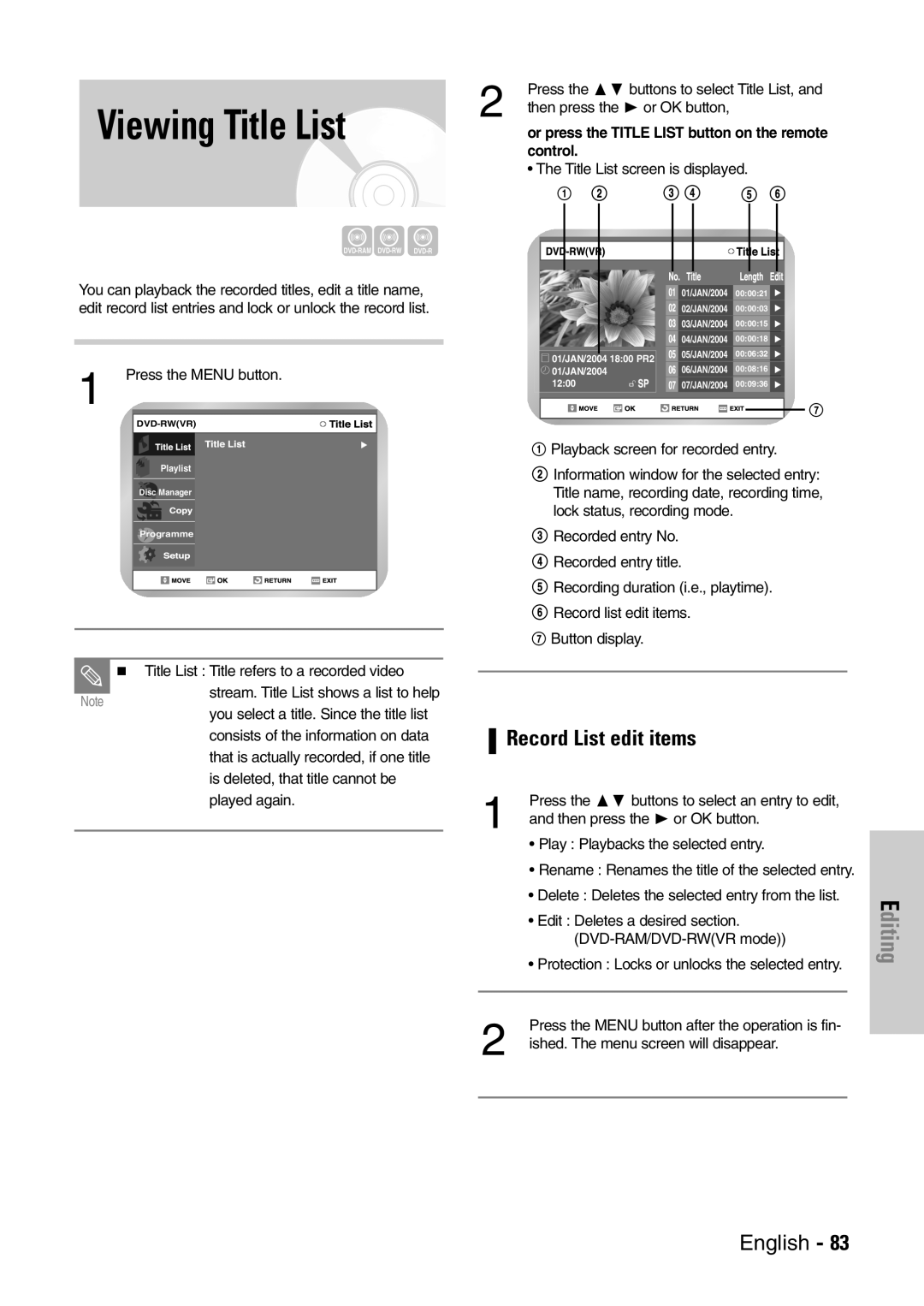 Samsung DVD-VR300E/EUR Viewing Title List, Record List edit items, Or press the Title List button on the remote control 