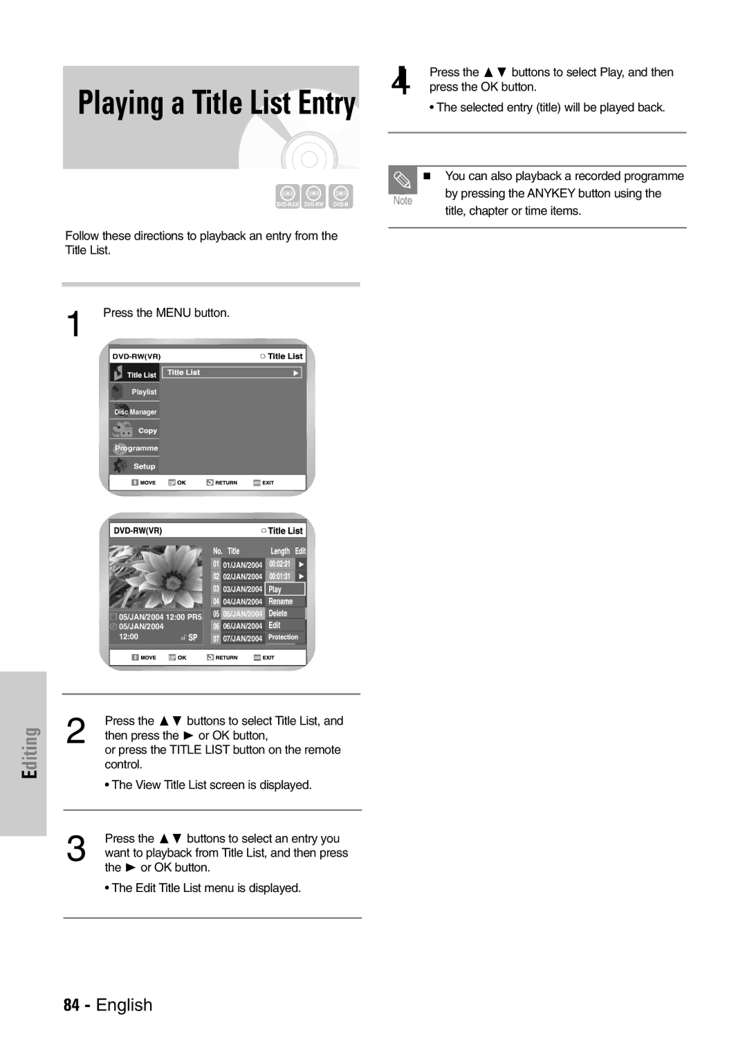 Samsung DVD-VR300E/EUR manual Playing a Title List Entry, Editing 