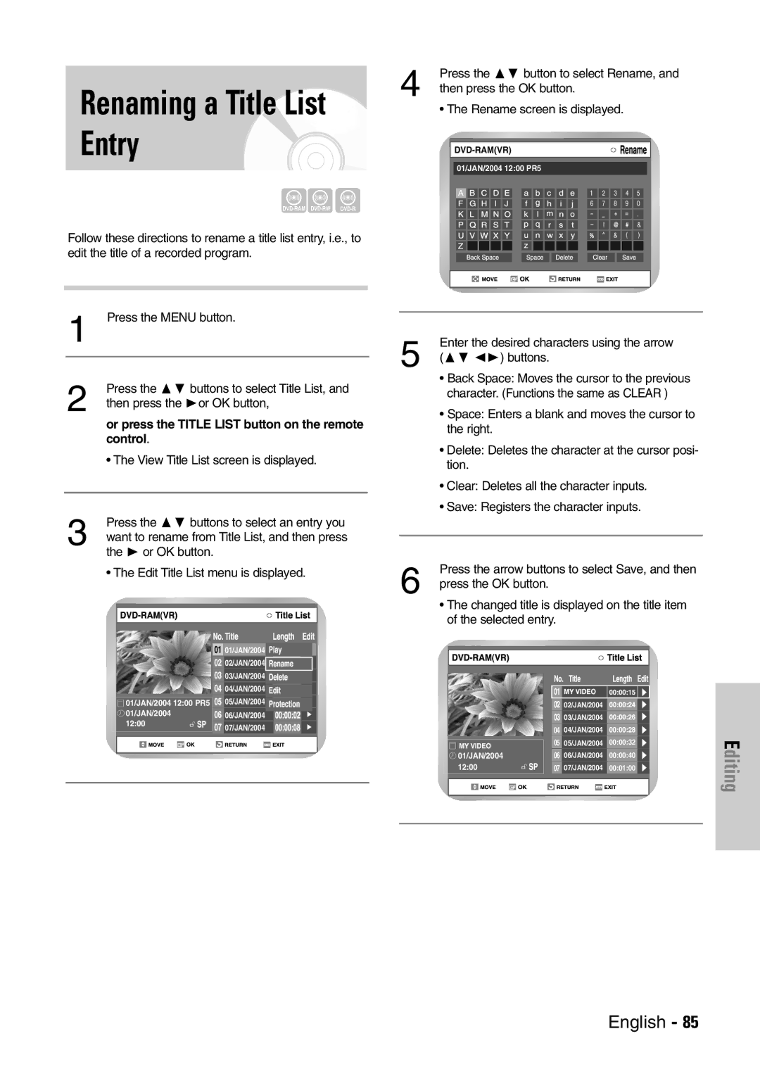 Samsung DVD-VR300E/EUR manual Renaming a Title List Entry, Control 