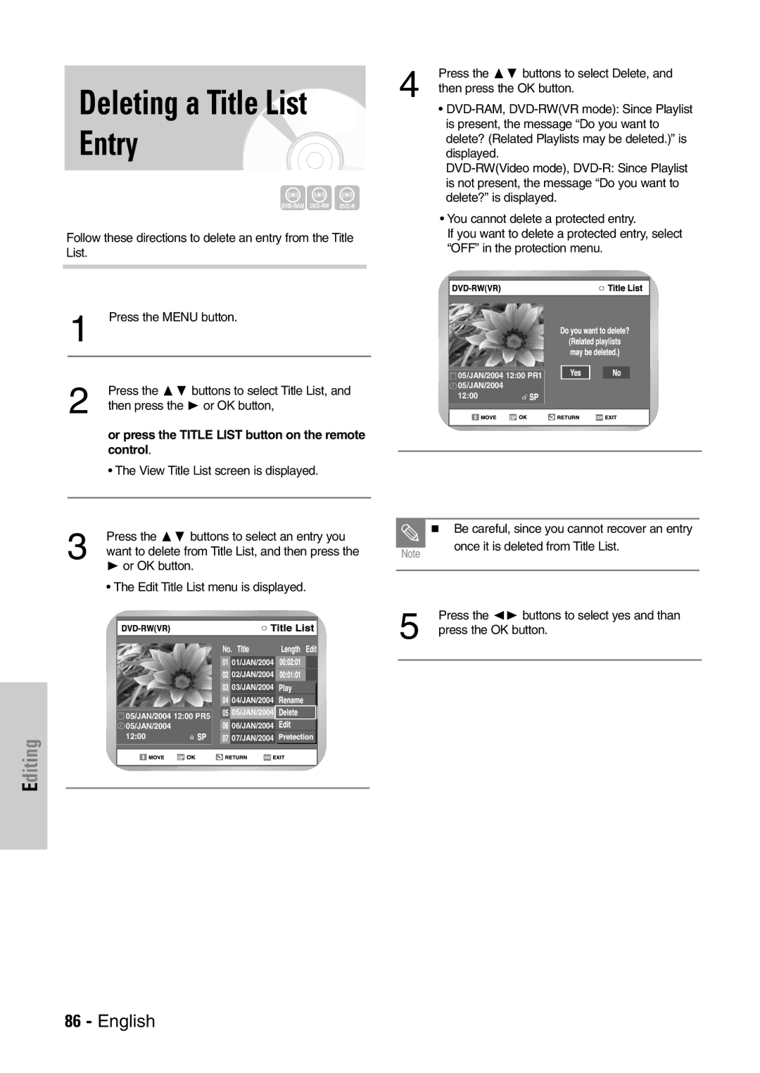 Samsung DVD-VR300E/EUR manual Deleting a Title List Entry 