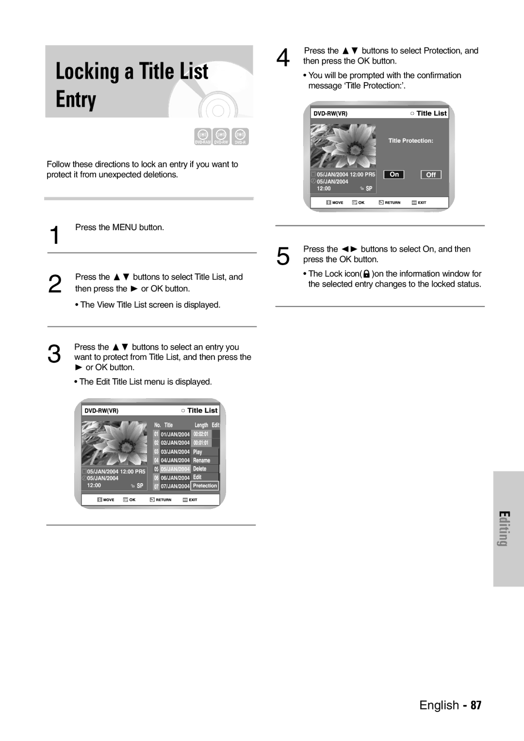 Samsung DVD-VR300E/EUR manual Locking a Title List Entry 