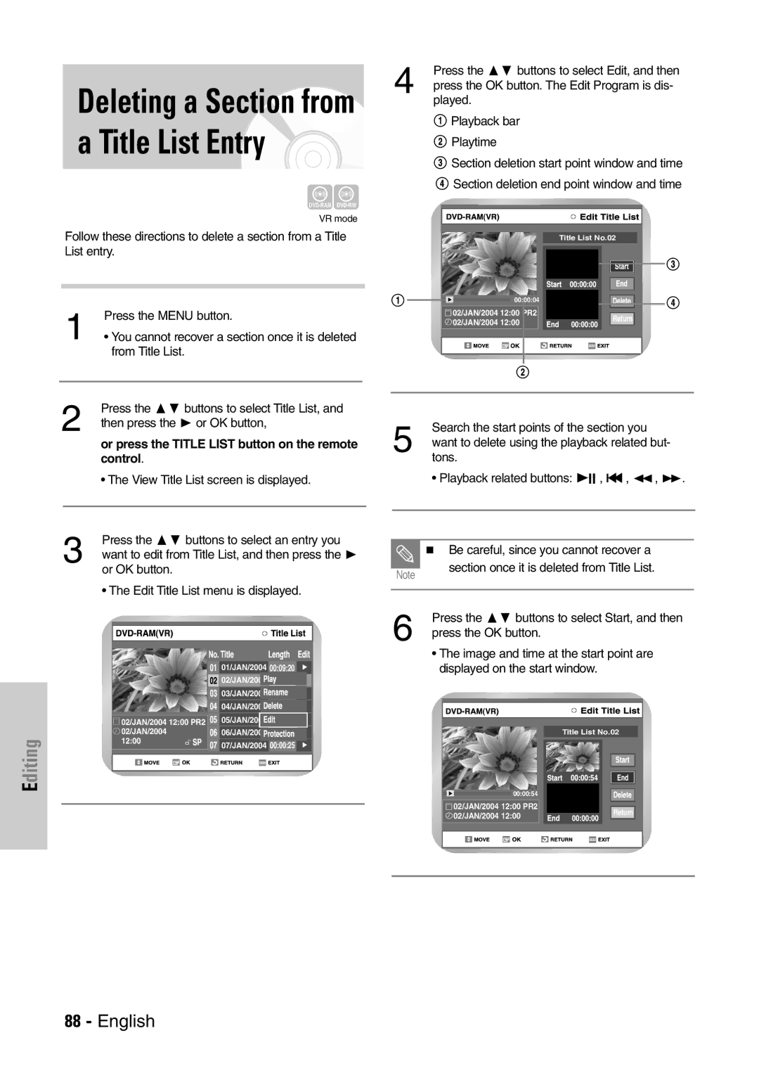 Samsung DVD-VR300E/EUR manual Deleting a Section from a Title List Entry 