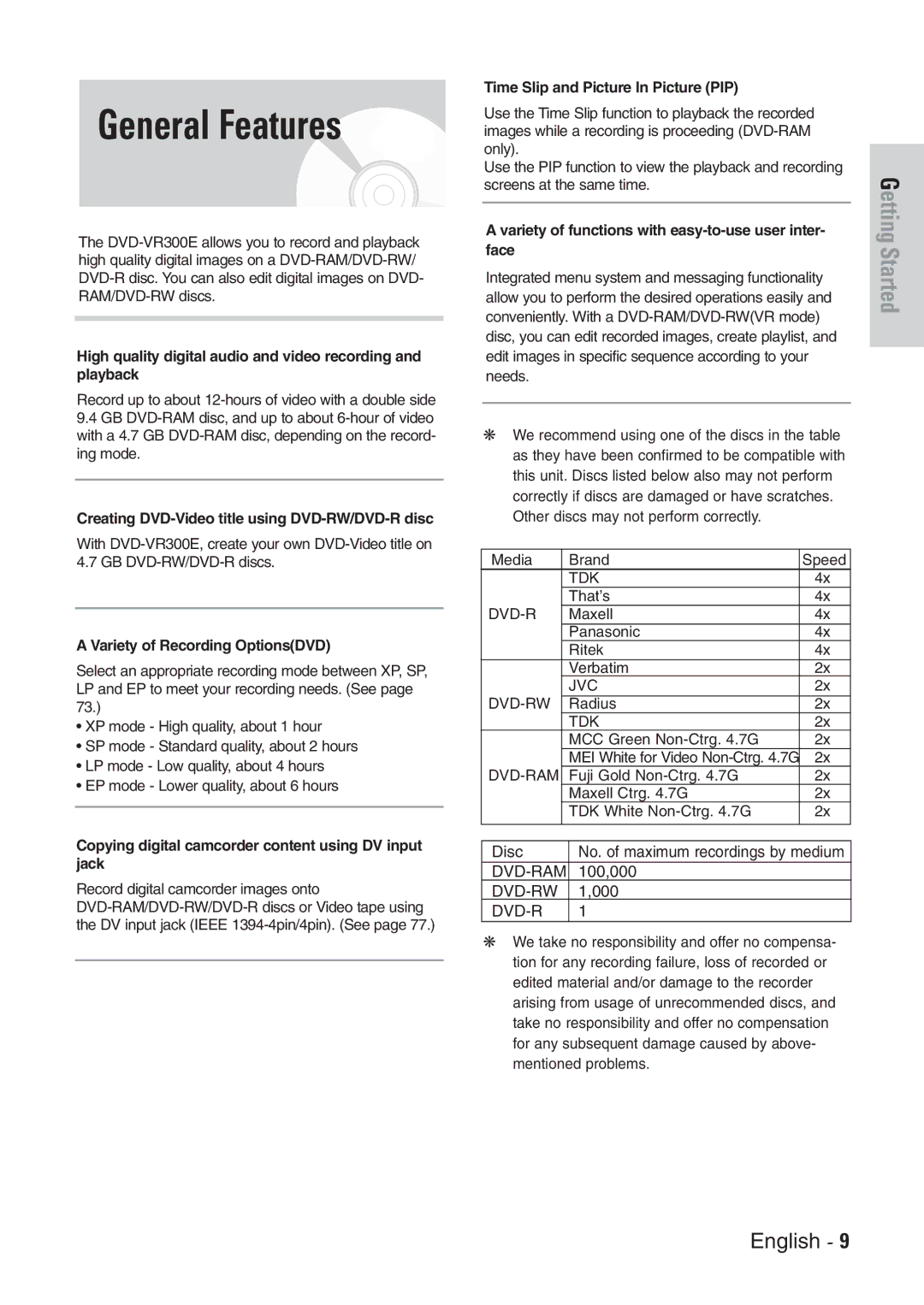 Samsung DVD-VR300E/EUR manual General Features 