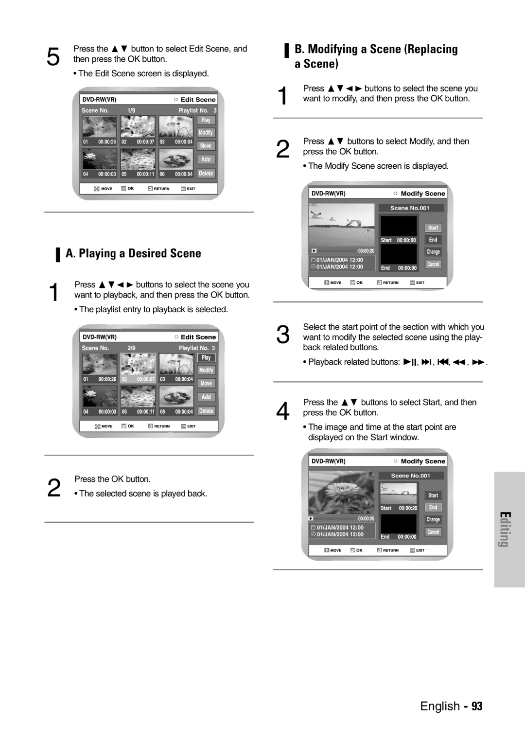 Samsung DVD-VR300E/EUR manual Playing a Desired Scene, Modifying a Scene Replacing 