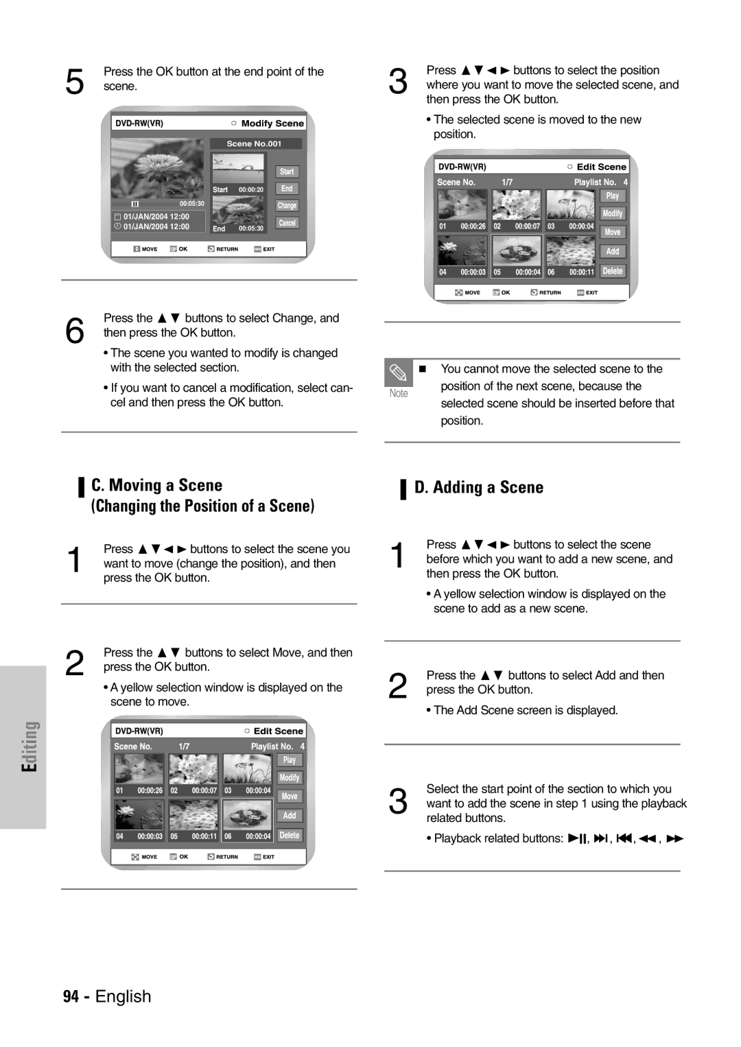 Samsung DVD-VR300E/EUR manual Moving a Scene Changing the Position of a Scene, Adding a Scene 