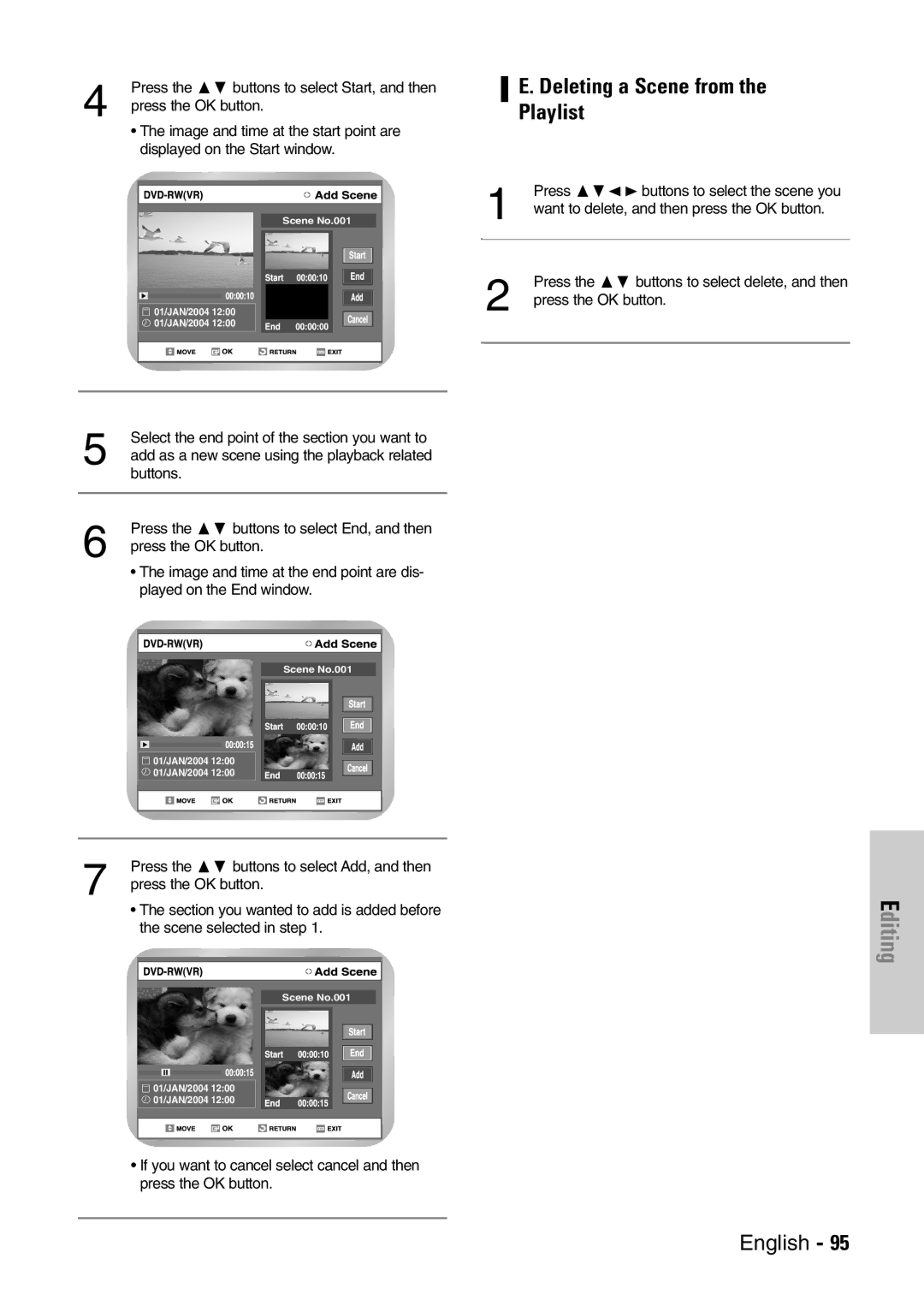 Samsung DVD-VR300E/EUR manual Deleting a Scene from Playlist 