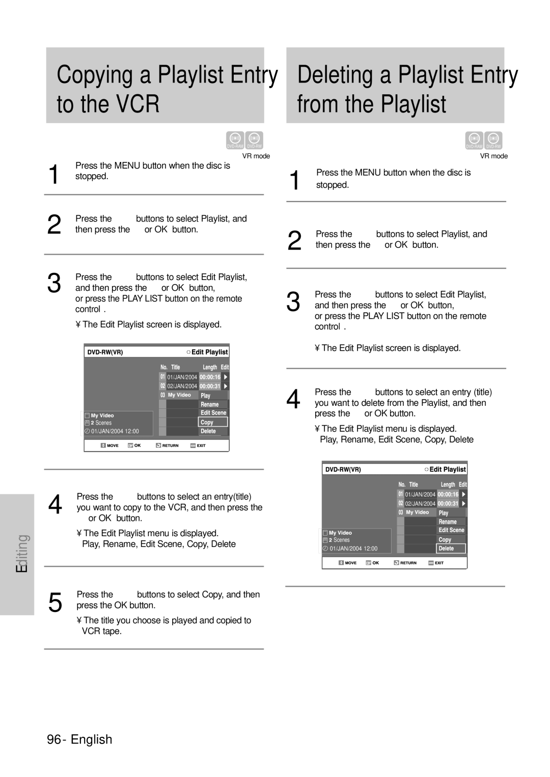 Samsung DVD-VR300E/EUR manual Copying a Playlist Entry to the VCR, Or press the Play List button on the remote control 