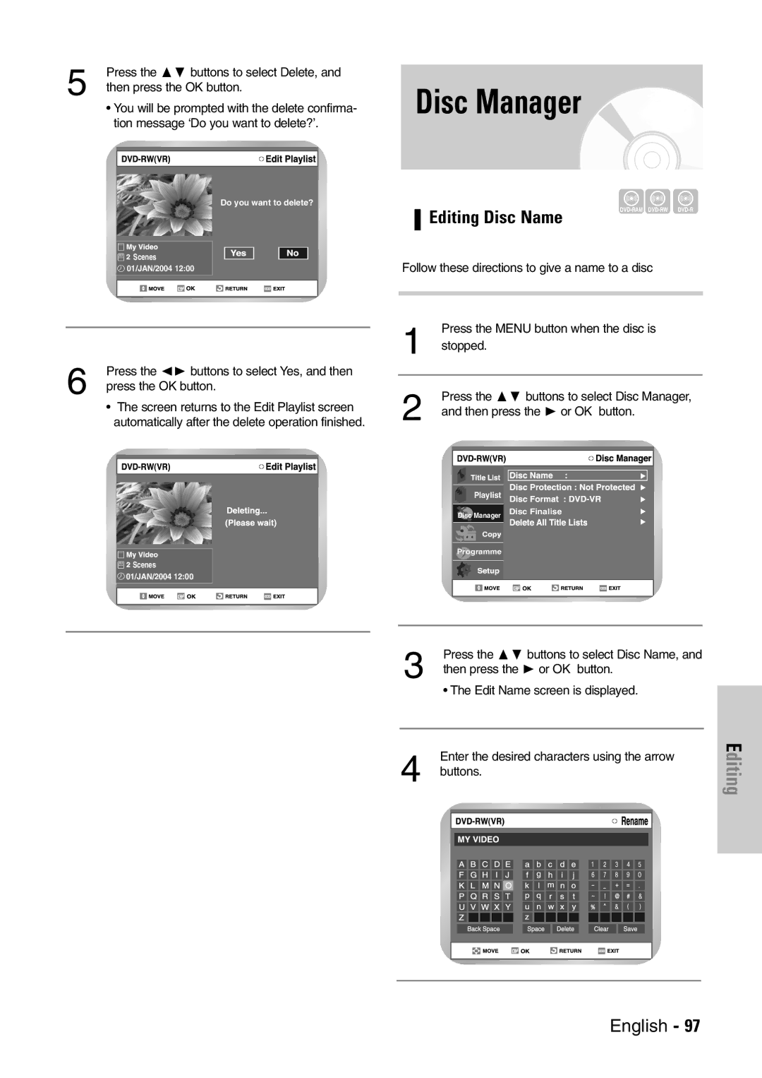 Samsung DVD-VR300E/EUR manual Disc Manager, Editing Disc Name 