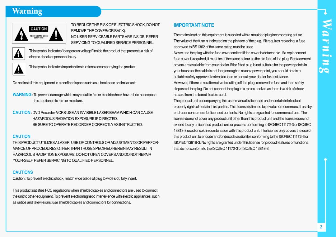 Samsung DVD-VR300E/EUR manual Wa r n i n g, Be Sure to Operate Recorder Correctlyas Instructed 