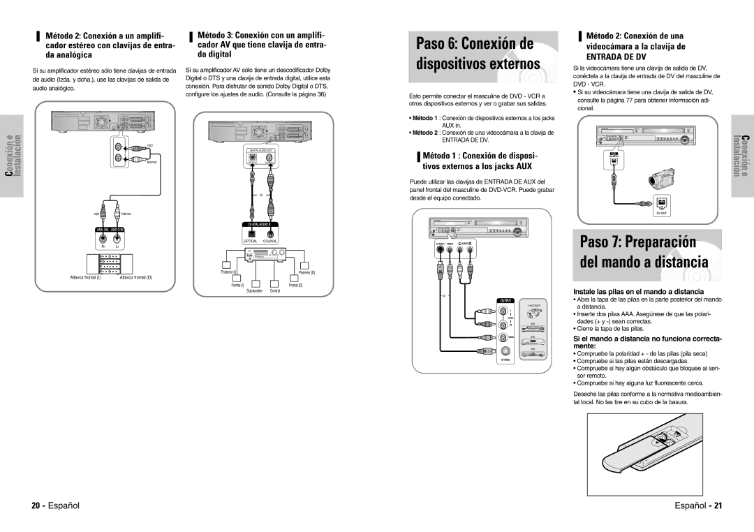 Samsung DVD-VR300E/XEC manual Paso 6 Conexión de dispositivos externos, Paso 7 Preparación del mando a distancia, Aux 