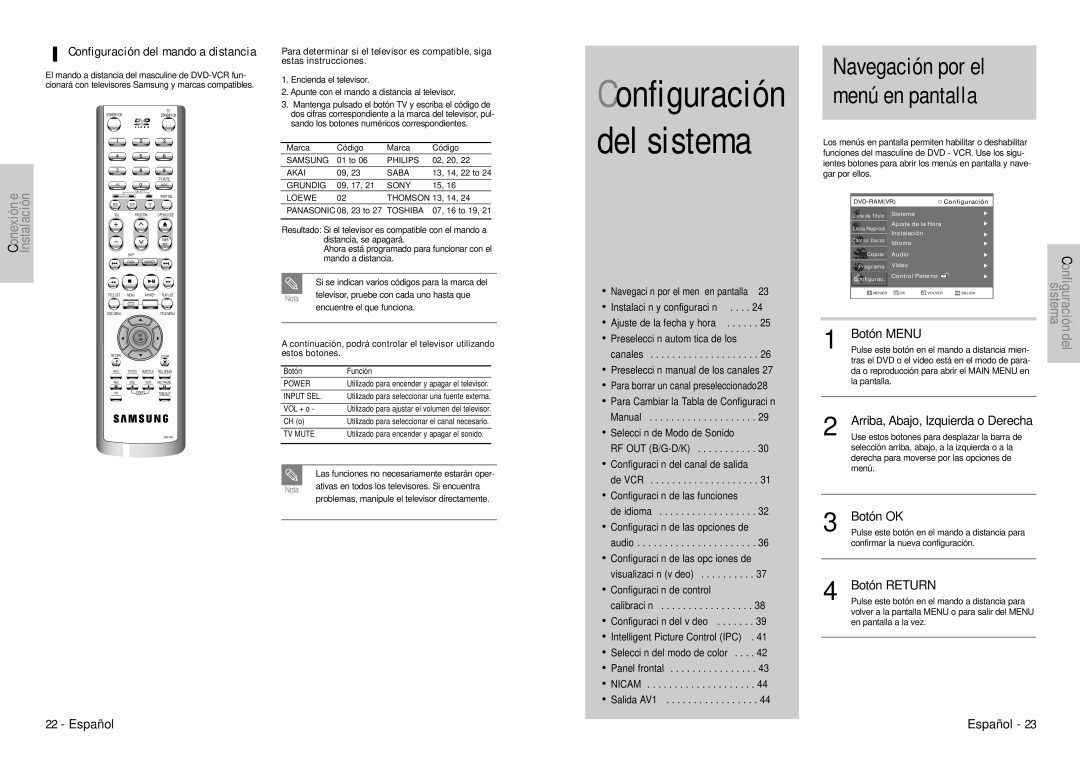 Samsung DVD-VR300E/XEC Navegación por el menú en pantalla, Configuración del mando a distancia, Botón OK, Botón Return 