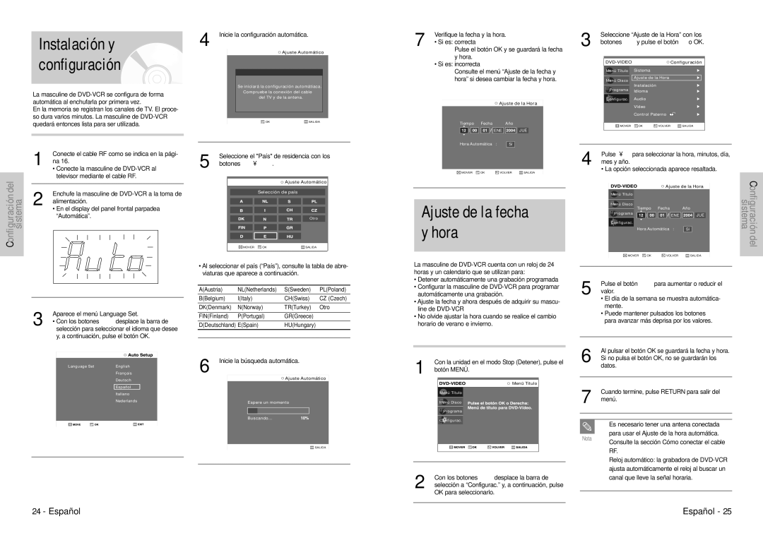 Samsung DVD-VR300E/XEC manual Instalación y, Configuración, Ajuste de la fecha y hora, Seleccione Ajuste de la Hora con los 