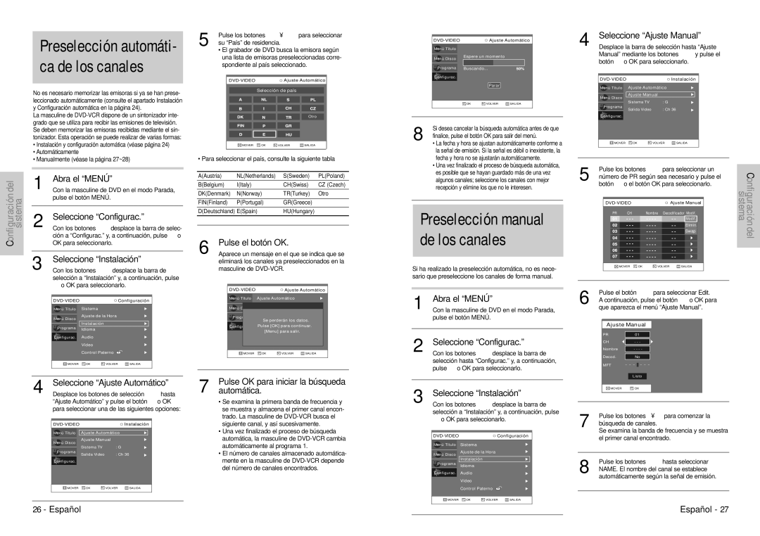 Samsung DVD-VR300E/XEC Preselección automáti- ca de los canales, Preselección manual de los canales, Abra el Menú 