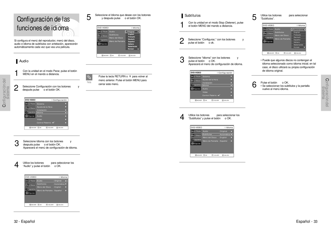 Samsung DVD-VR300E/XEC manual Configuración de las funciones de idioma, Subtítulos, Audio 