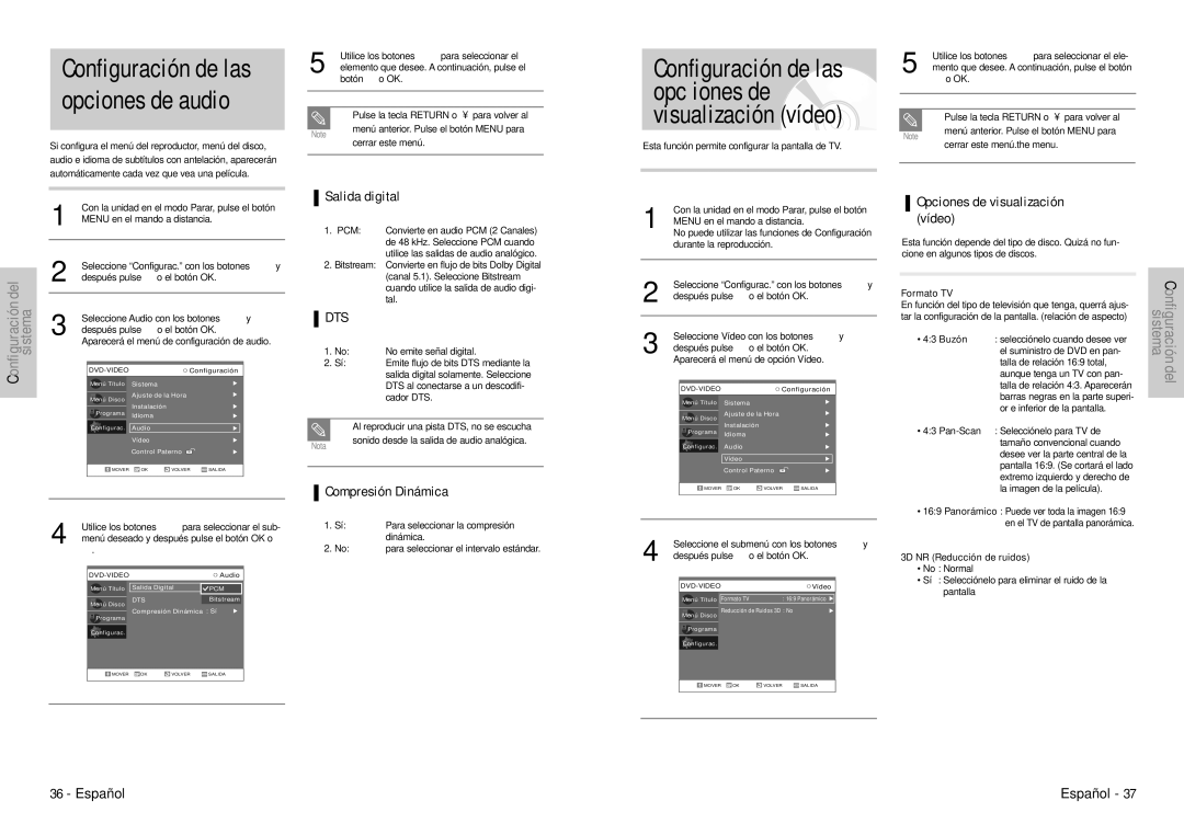 Samsung DVD-VR300E/XEC manual Configuración de las opciones de audio, Salida digital, Opciones de visualización vídeo 