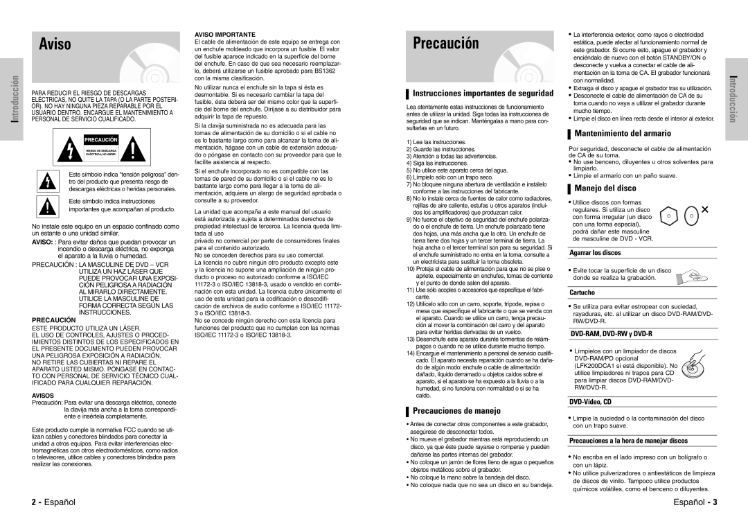 Samsung DVD-VR300E/XEC manual Aviso, Precaución, Precauciones de manejo, Mantenimiento del armario, Manejo del disco 