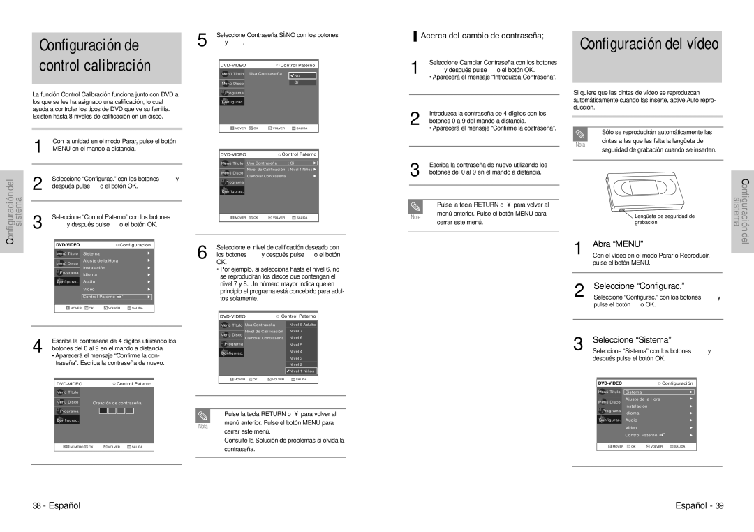 Samsung DVD-VR300E/XEC manual Configuración de control calibración, Acerca del cambio de contraseña, Abra Menu 