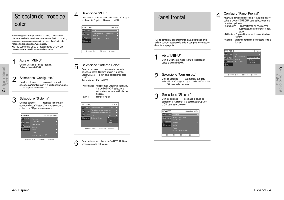 Samsung DVD-VR300E/XEC manual Selección del modo de color, Panel frontal, Seleccione Sistema Color, Configure Panel Frontal 