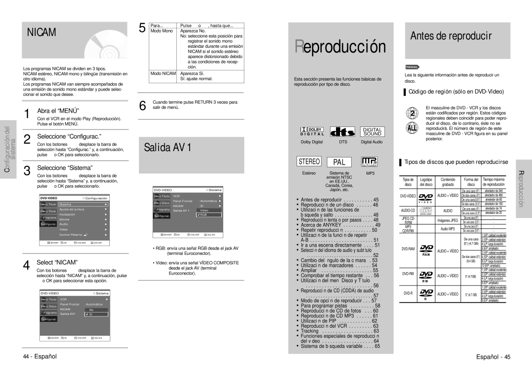 Samsung DVD-VR300E/XEC manual Salida AV, Antes de reproducir, Select Nicam, Código de región sólo en DVD-Vídeo 